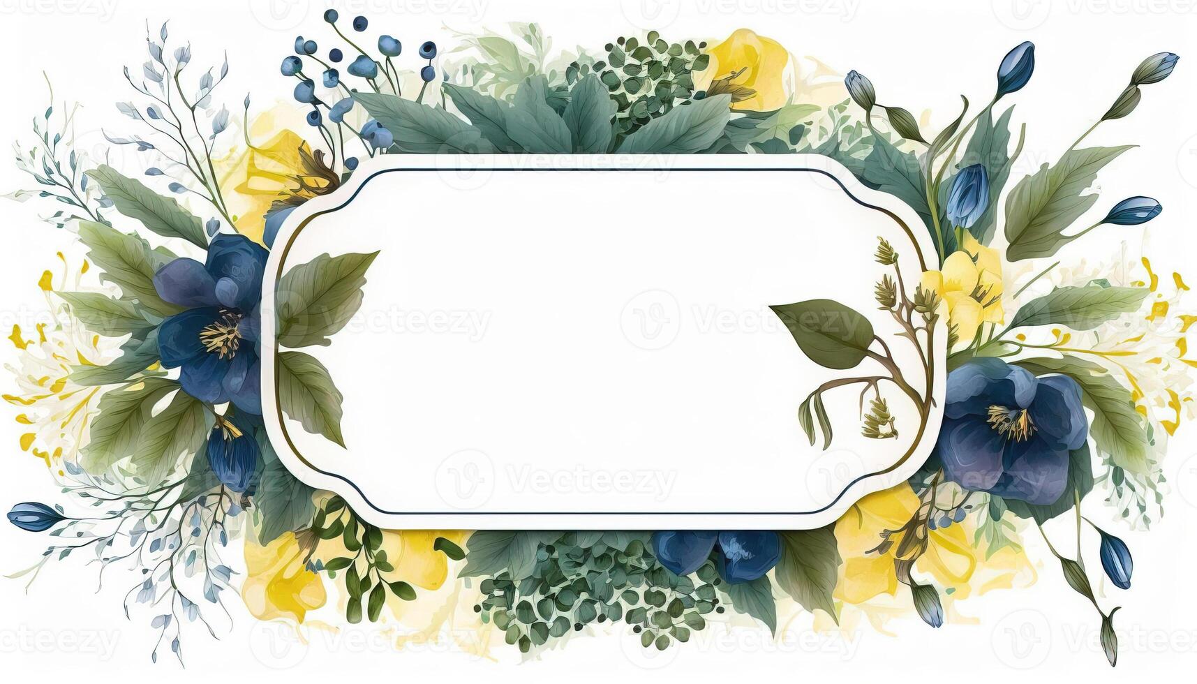 , Watercolor frame with spring blue and yellow flowers, hand drawn art style with place for text. Greeting, birthday and other holiday, wedding invitation concept photo