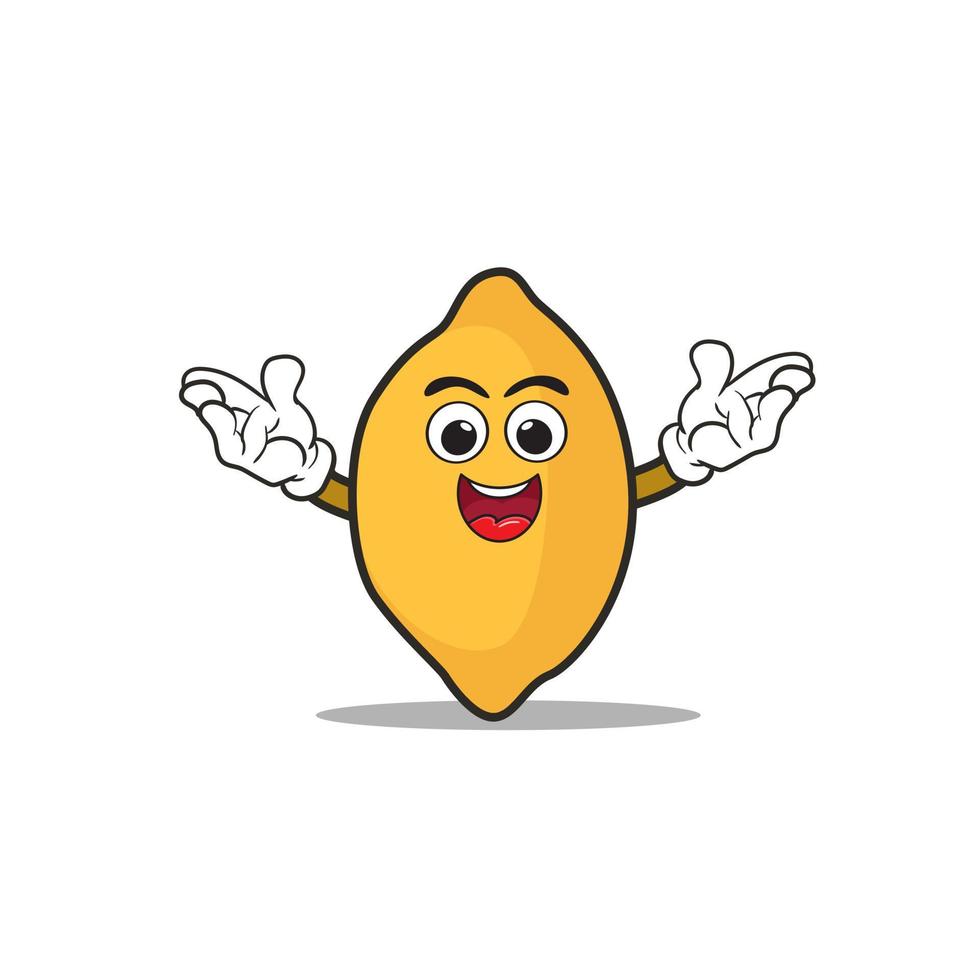 fruit lemon cartoon mascot character with hands up and fun smile. vector illustration