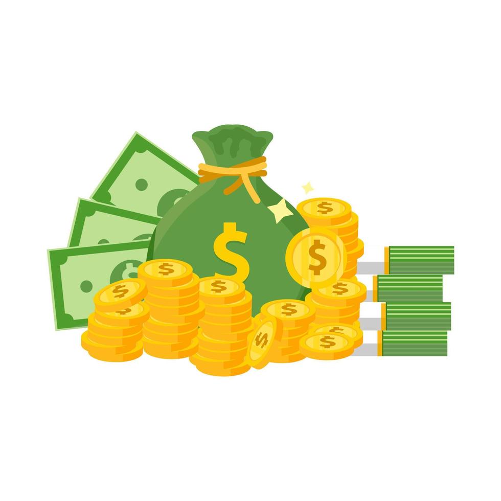 pile medal dollar and money bag isolated on white background, money bag and dollar coin gold icon, sack and medal dollar gold money icon for infographics, dollar money sack green flat illustration vector