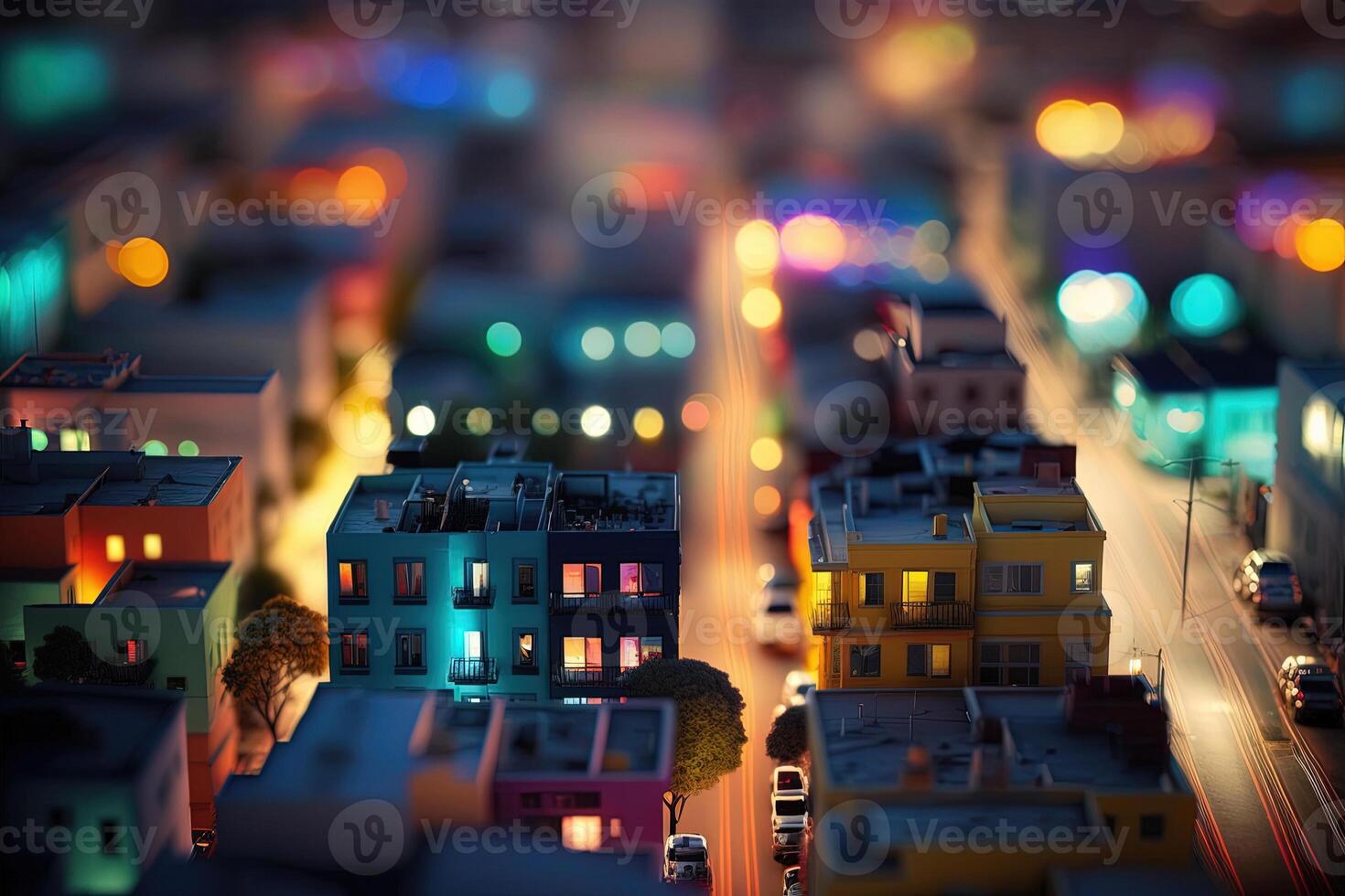 , Night lights scene of city with houses, roads, cars, photorealistic tilt shift, long exposure effect horizontal illustration. Abstract urban night light bokeh defocused background photo