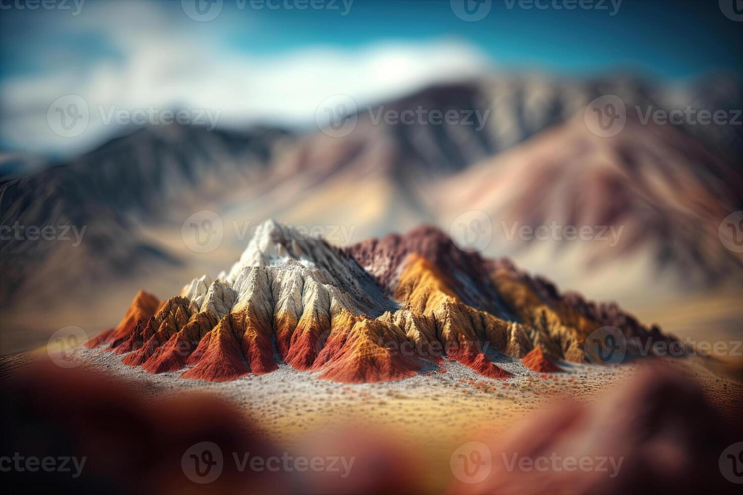 , Mountains landscape panorama, orange canyon, beautiful countryside. Nature Illustration, photorealistic tilt shift horizontal banner. photo