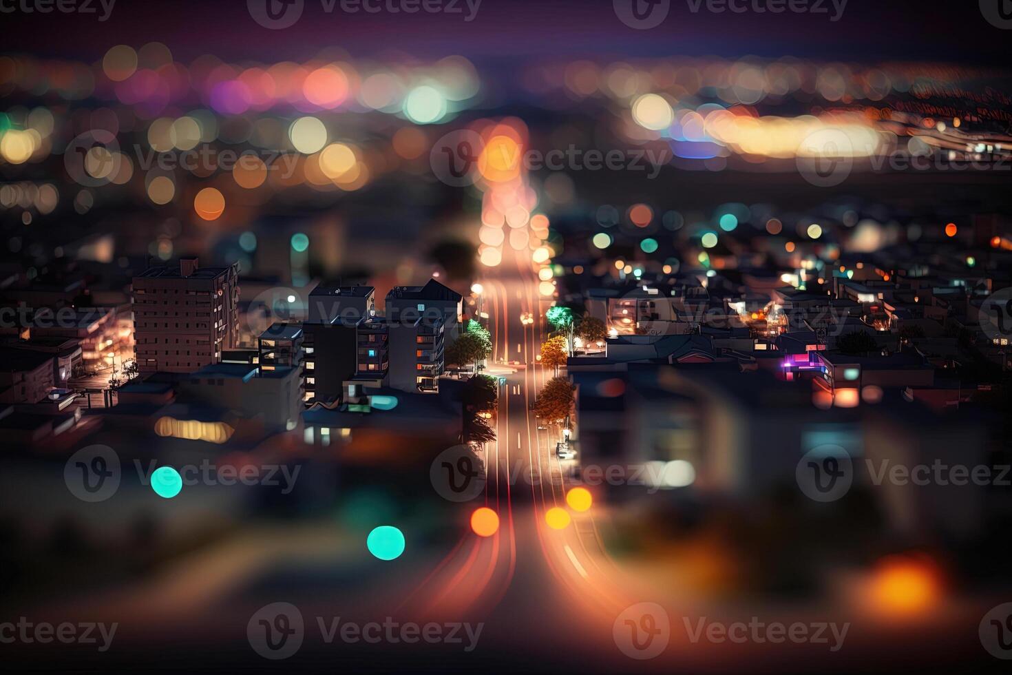 , Night lights scene of city with houses, roads, cars, photorealistic tilt shift, long exposure effect horizontal illustration. Abstract urban night light bokeh defocused background photo
