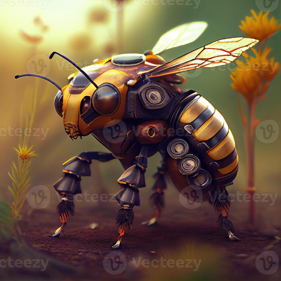 , Robot cyborg bee, concept blockchain and technology networks, yellow mechanical insect. Steampunk cyberpunk style, artificial intelligence photo