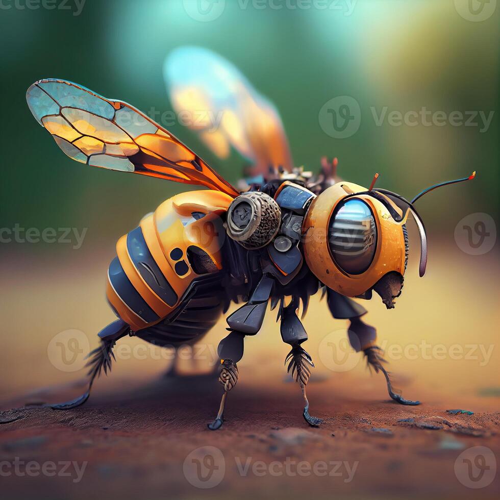 , Robot cyborg bee, concept blockchain and technology networks, yellow mechanical insect. Steampunk cyberpunk style, artificial intelligence photo