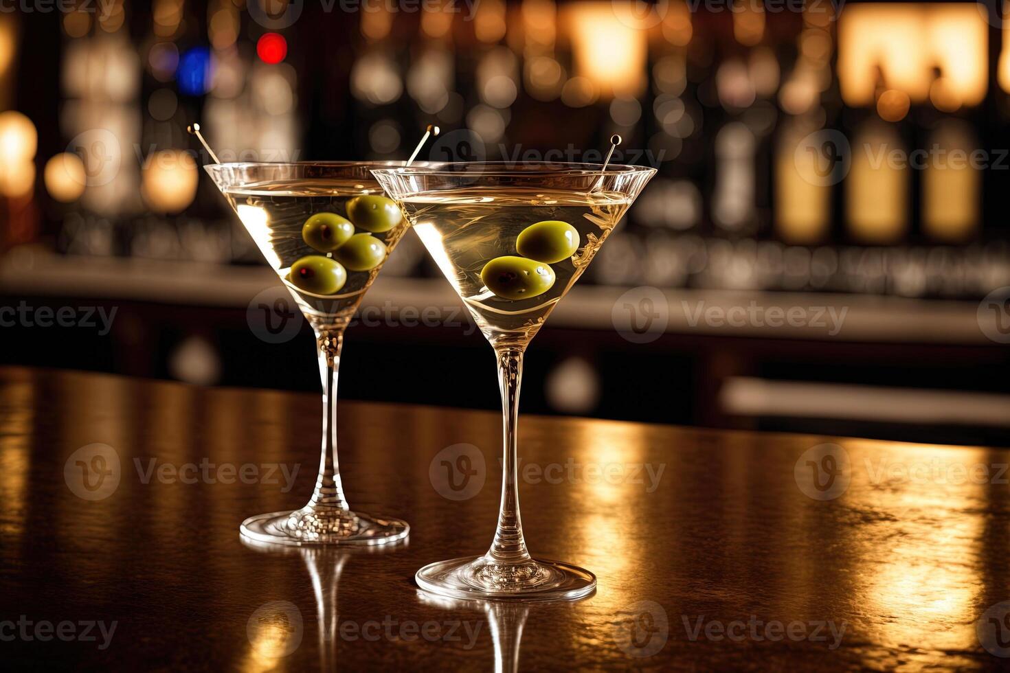 , Two martini on a night bar with spicy olives, photorealistic horizontal illustration. Alcoholic drinks with a place for text photo