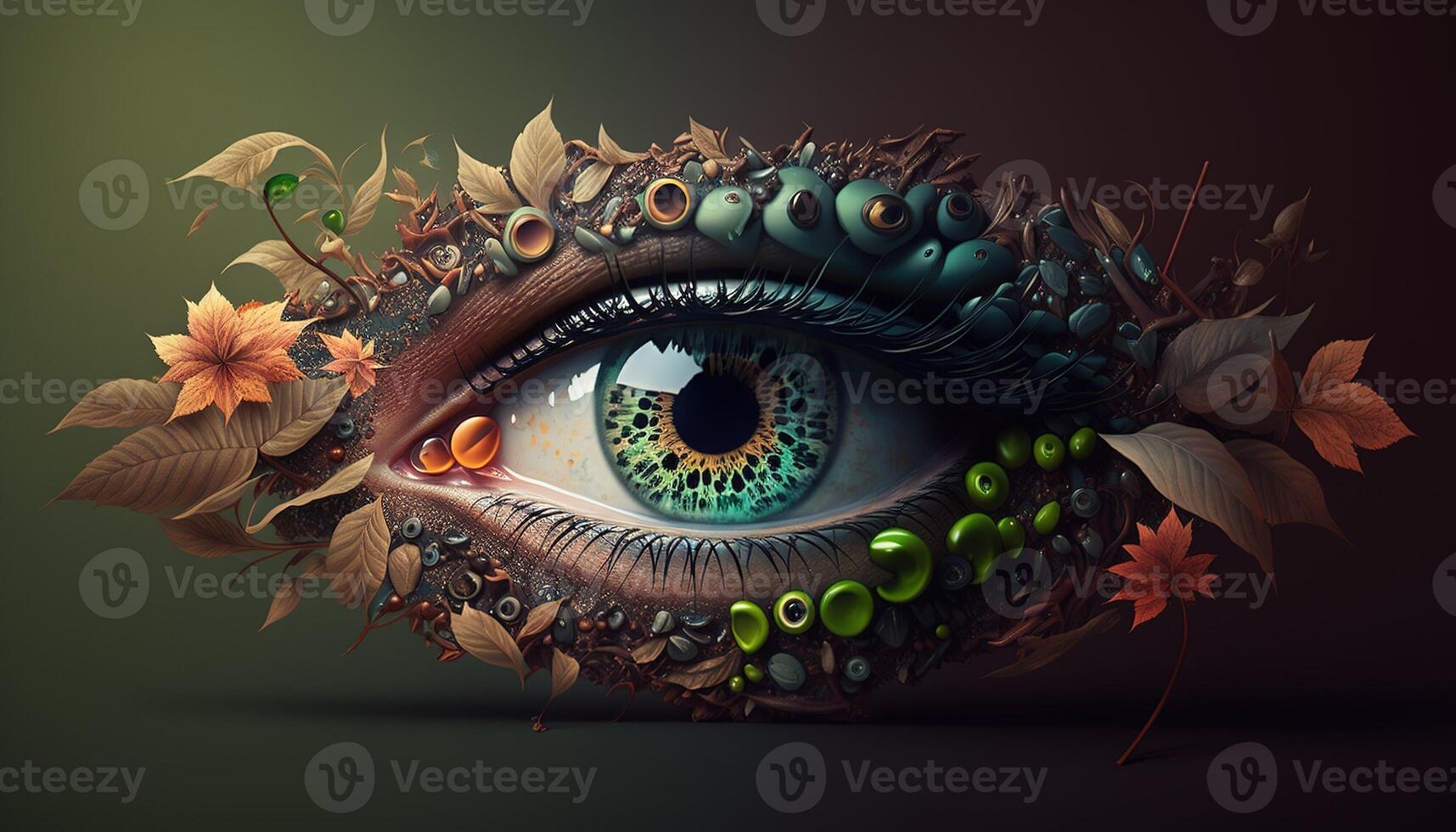 , Macro human open eye of nature with leaves, fantasy photorealistic horizontal illustration. Ecology, save nature and environment concept photo