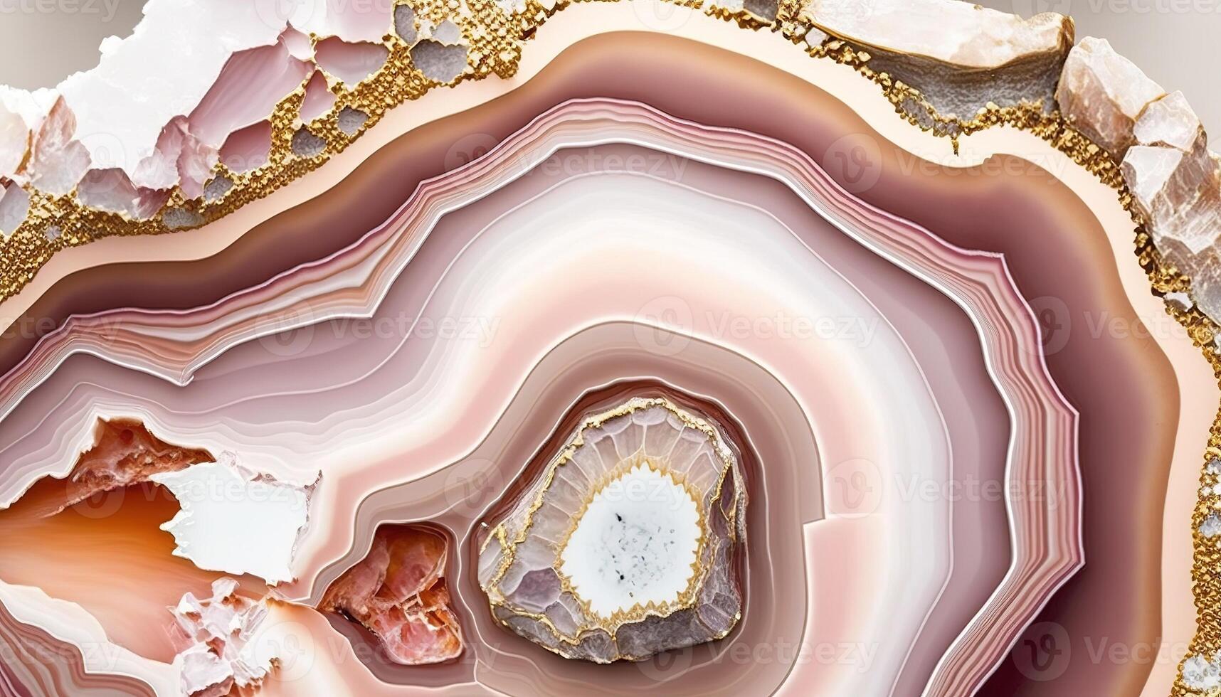 , natural volcanic agate stones close-up light pink magenta and golden texture. Wallpaper background, quartz marble, decorative rock pattern photo
