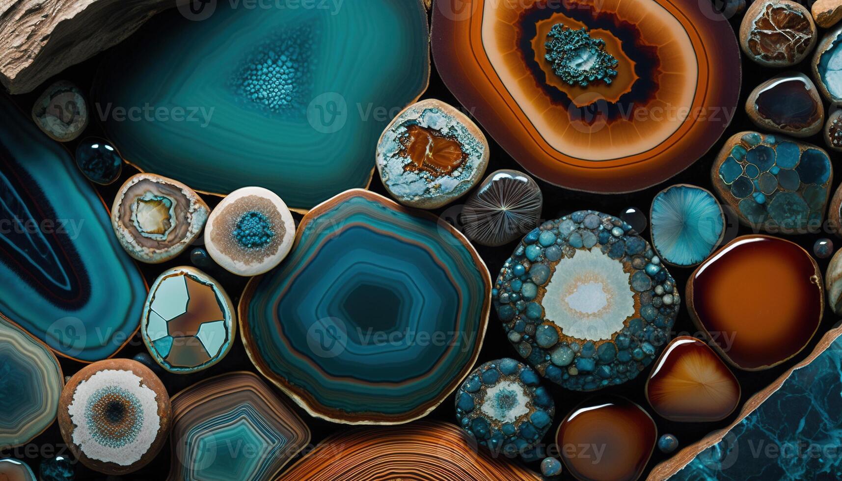 , natural volcanic agate stones close-up turquoise, brown and orange texture. Wallpaper background, quartz marble, decorative rock pattern photo