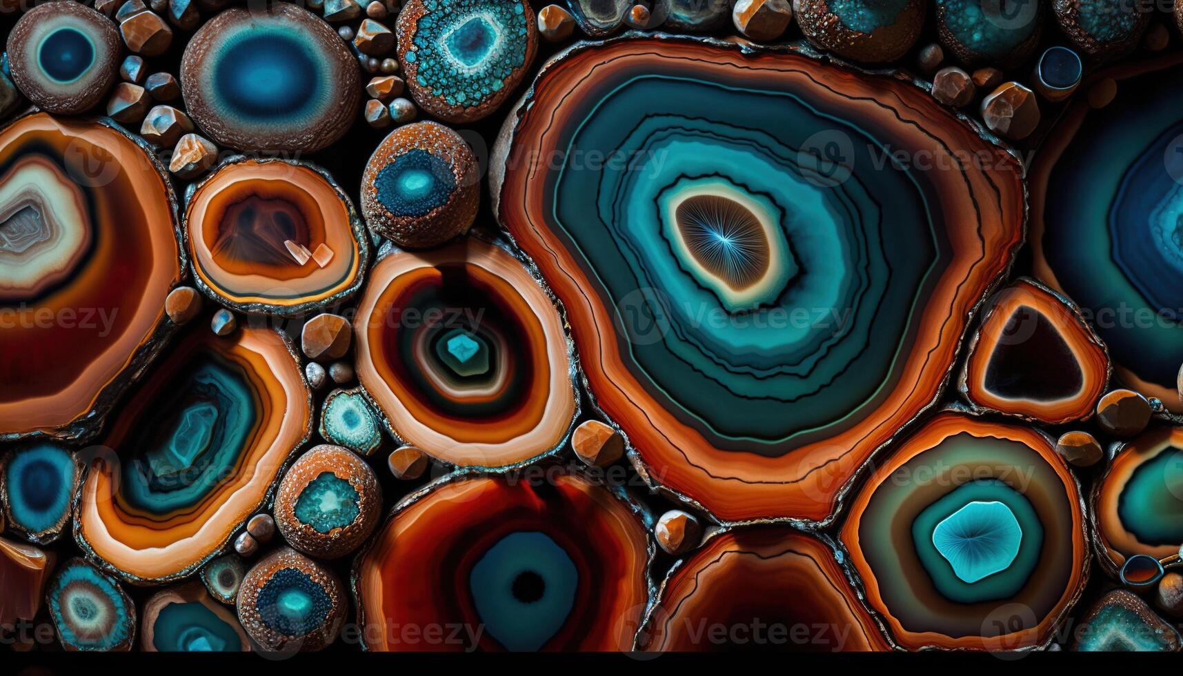 , natural volcanic agate stones close-up turquoise, brown and orange texture. Wallpaper background, quartz marble, decorative rock pattern photo