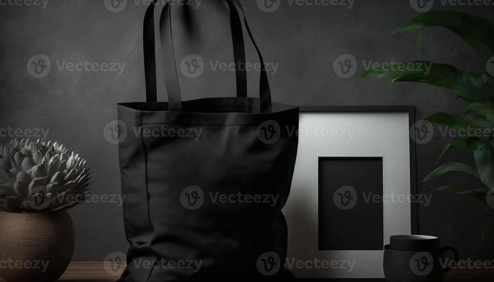 , Realistic black tote canvas fabric bag set-up in at home interior, mug mock up blank. photo