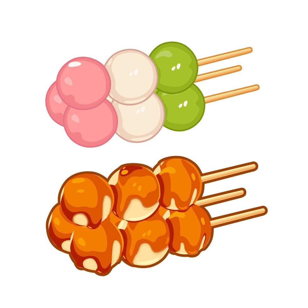 Japanese dessert dango in the form of three balls on a stick. Vector over white background,perfect for wallpaper or design elements
