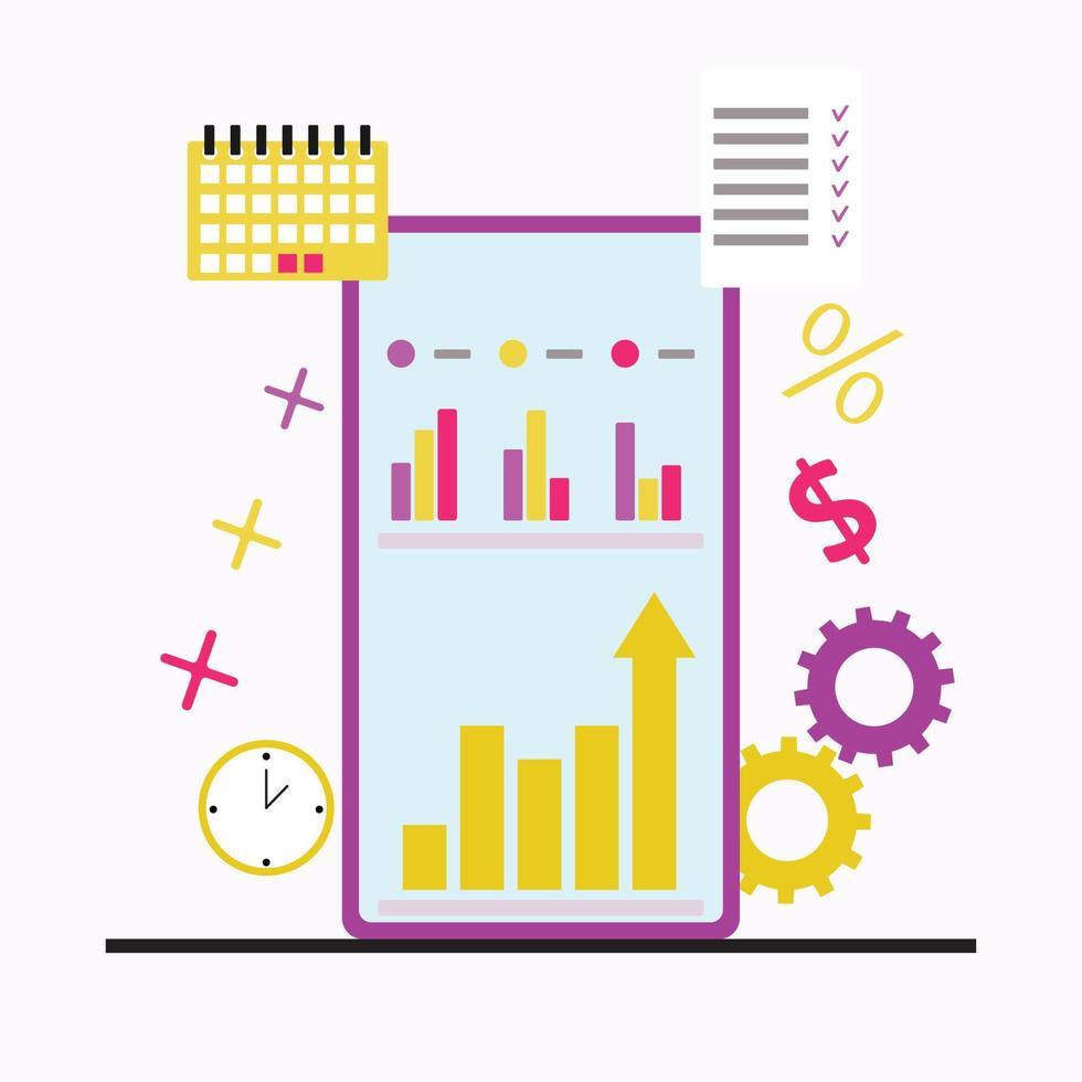 incrementar negocio económico, informacion gráfico en teléfono inteligente, plan hora y negocio crecimiento ganancia, incrementar grafico y cuadro, económico finanzas, financiero mercado inversión ilustración vector