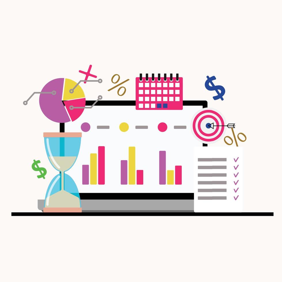 Statistics on laptop, time and business, startup management, metrics and indicators. Vector of business laptop for startup, time design graph illustration