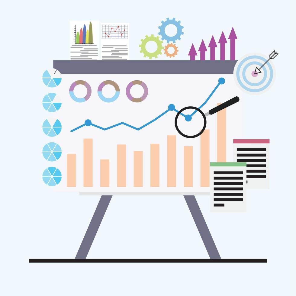 Analysis of business economic chart on whiteboard. Vector of analysis and graph, data report illustration, financial diagram and marketing growth