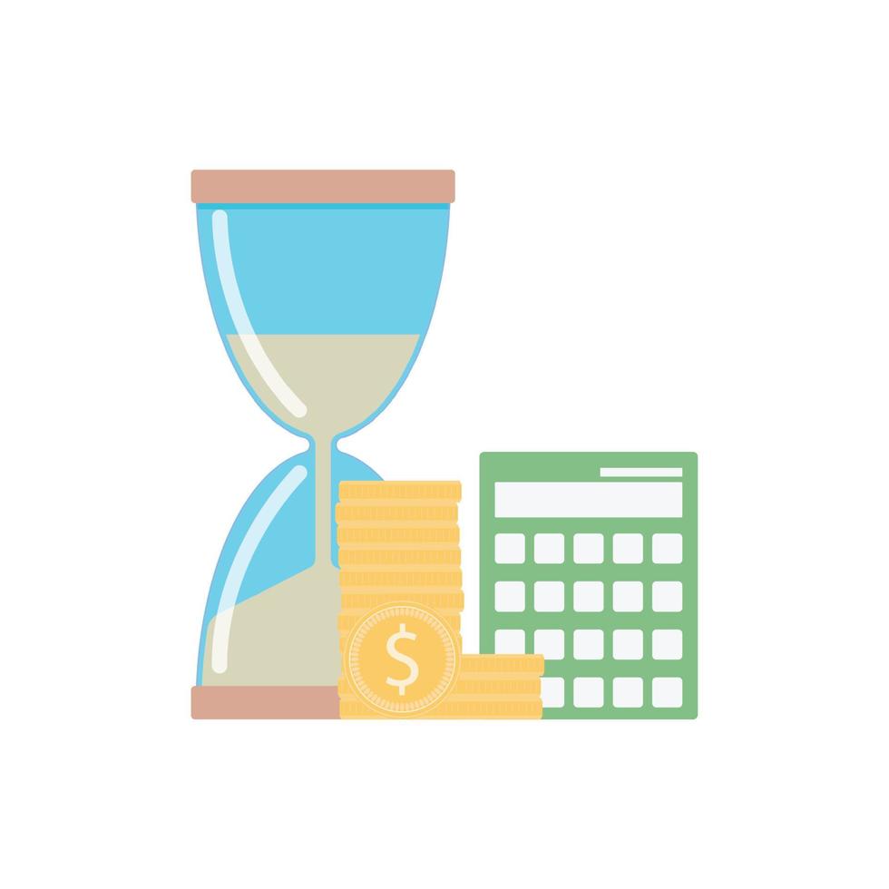 Time and money concept, hourglass and golden coin with calculator. Valuable and precious time for business vector. Illustration of hourglass and business time, clock and golden vector