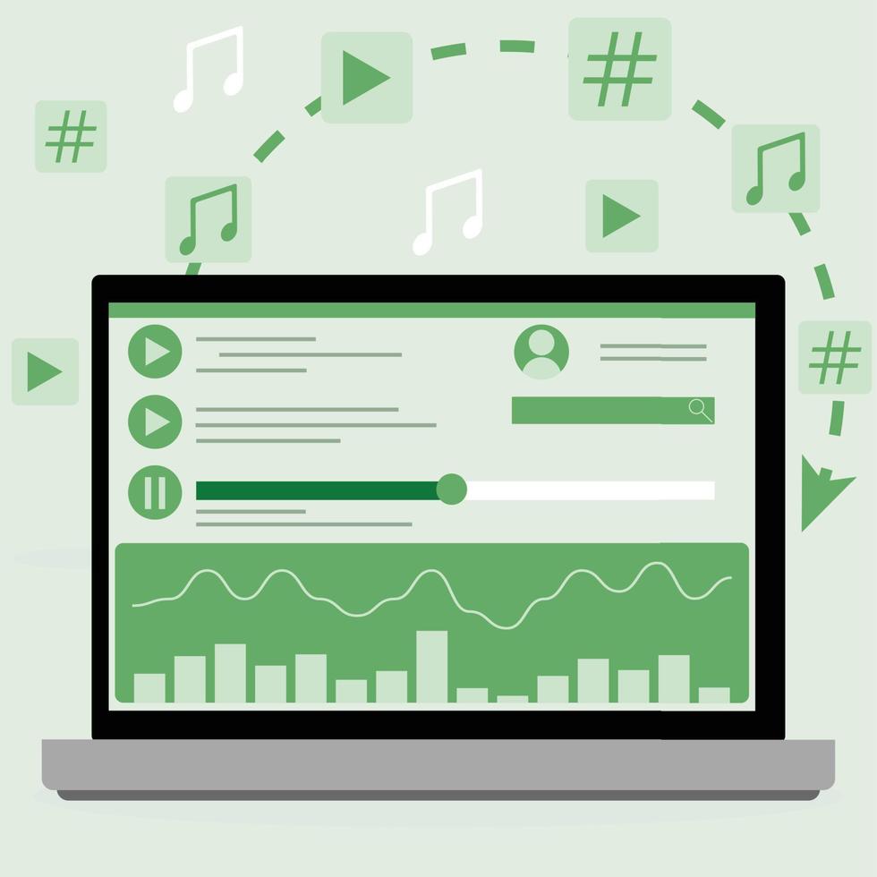 Music stream service online on laptop, user interface of streaming platform. Vector of streaming service media, music radio network, interface of playlist for broadcasting multimedia illustration