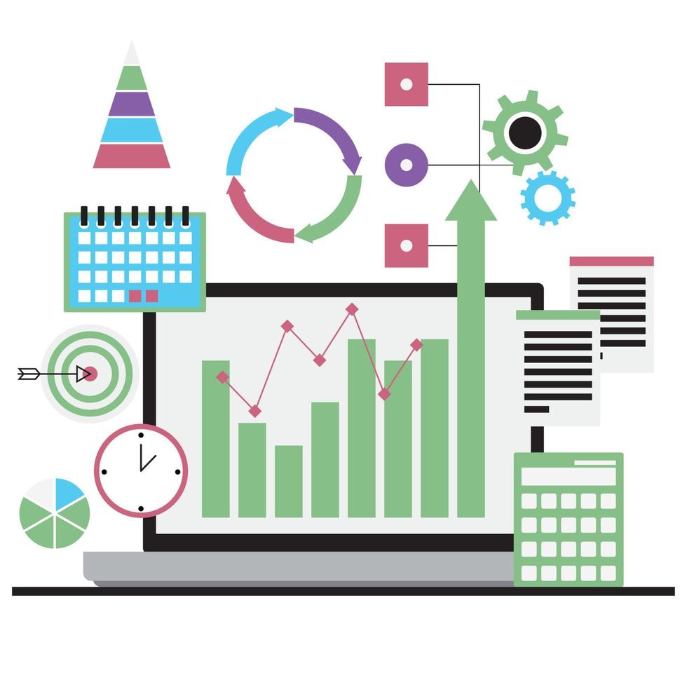Business analytics, chart graphic, deadlines, target and calendar. Vector chart and target, graphic analytics illustration, marketing data design, analysis and graph management