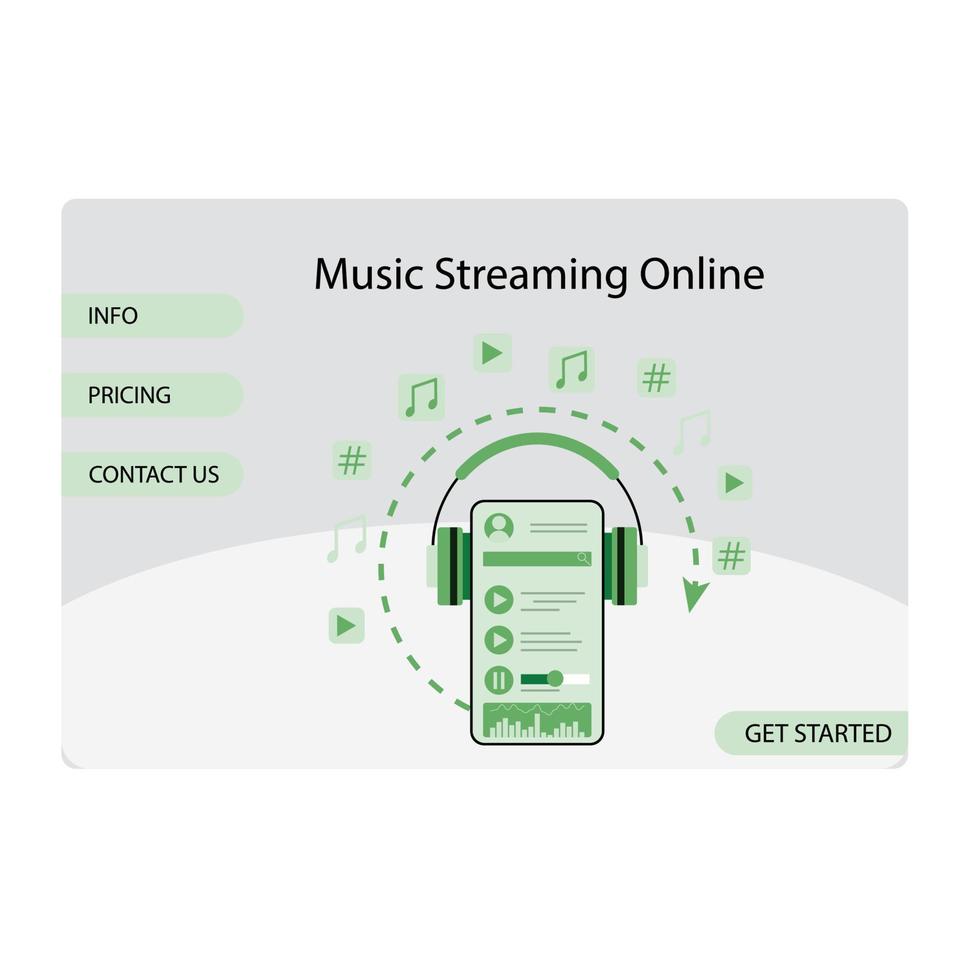 Music streaming online service landing web page. Vector illustration. Online audio landing, web music streaming service, media technology, cartoon logo, internet radio, broadcast website