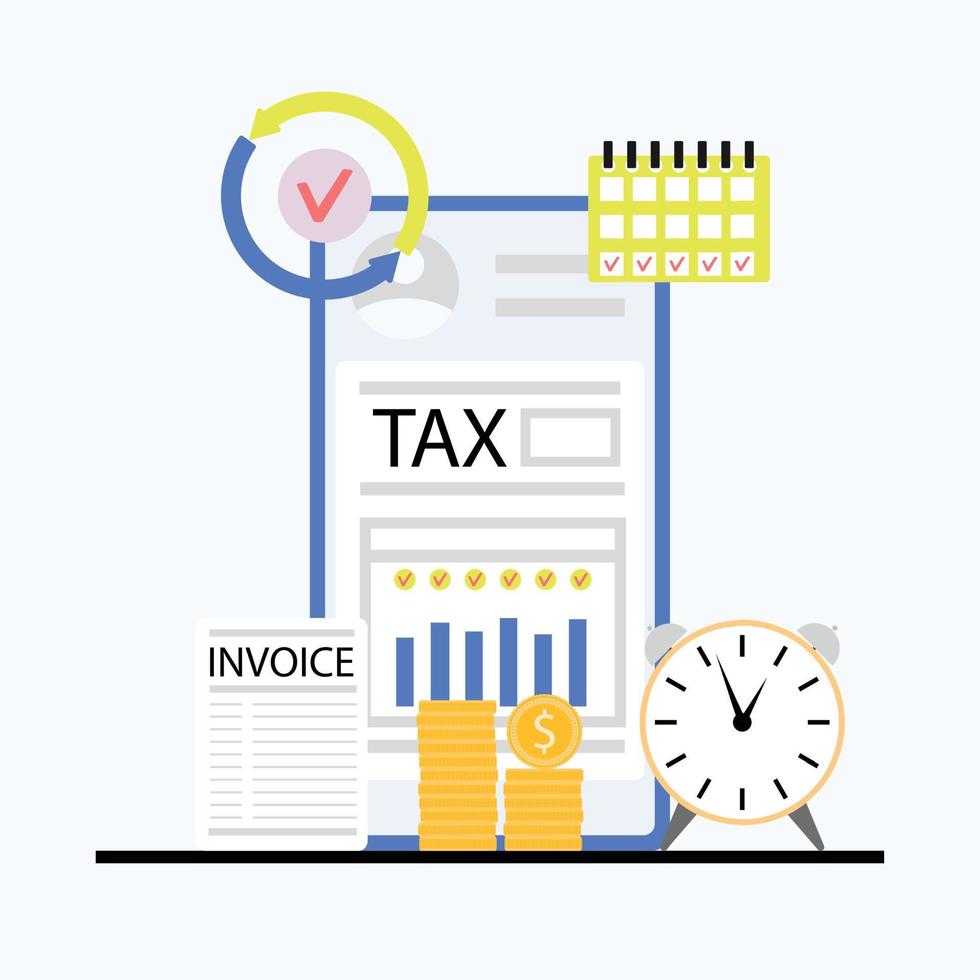 Online check and pay tax, follow for taxes in smartphone. Vector of money payment, pay tax online illustration, financial invoice and check, receipt on mobile account