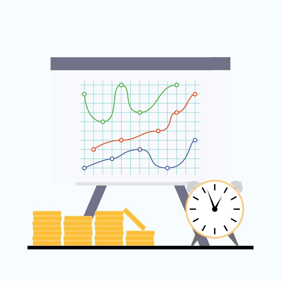 línea de colores cartas dinero y hora en blanco tablero. vector de gráfico dinero firmar crecimiento, ilustración de línea grafico datos