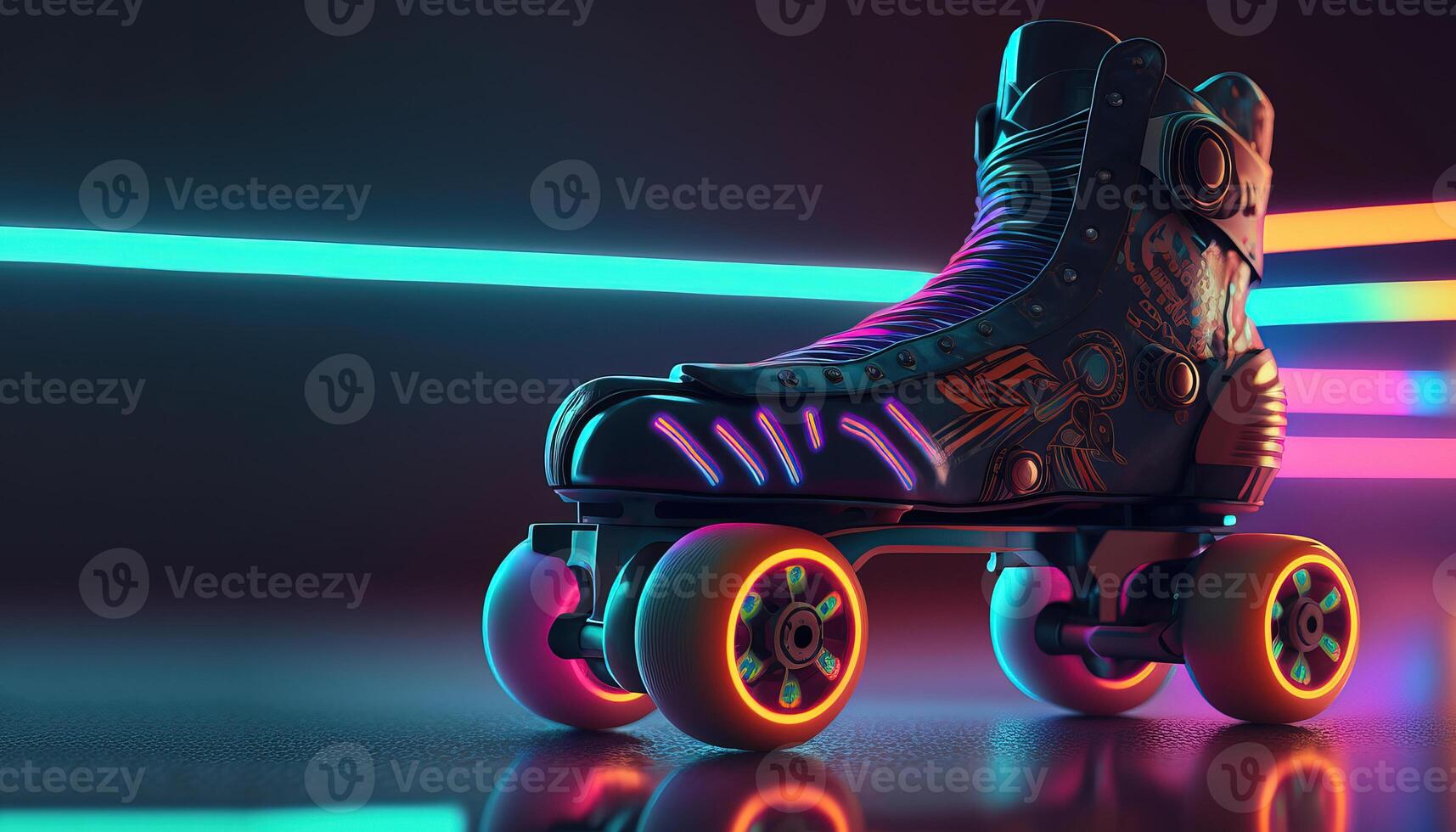 , Roller skate in cyberpunk style, disco nostalgic 80s, 90s. Neon night lights vibrant colors, photorealistic horizontal illustration of the futuristic city. Sport activity concept. photo
