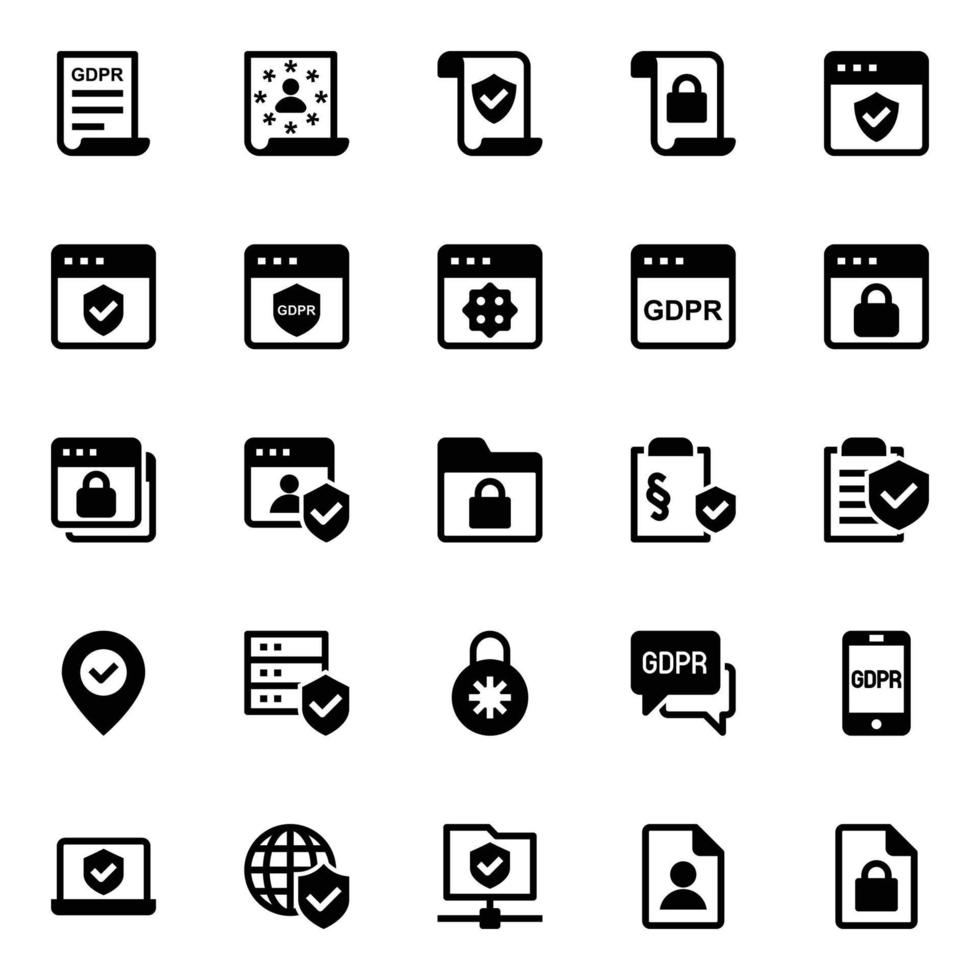 Glyph icons for General data protection regulation. vector
