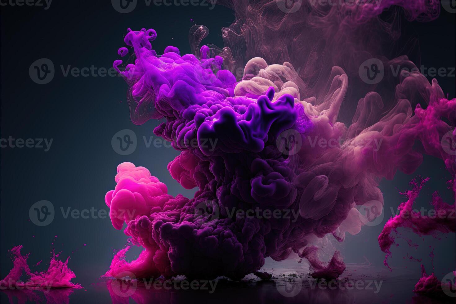 , Flowing liquid and smoke with splashes in magenta and purple color. Bright pink fluid banner, 3D effect, modern macro realistic abstract background illustration, ink in water effect. photo