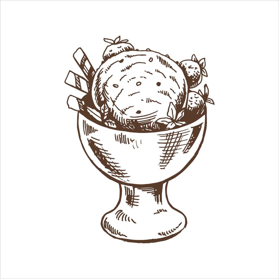 A hand-drawn sketch of  ice cream balls in a cup, strawberry. Vintage illustration. Element for the design of labels, packaging and postcards. vector