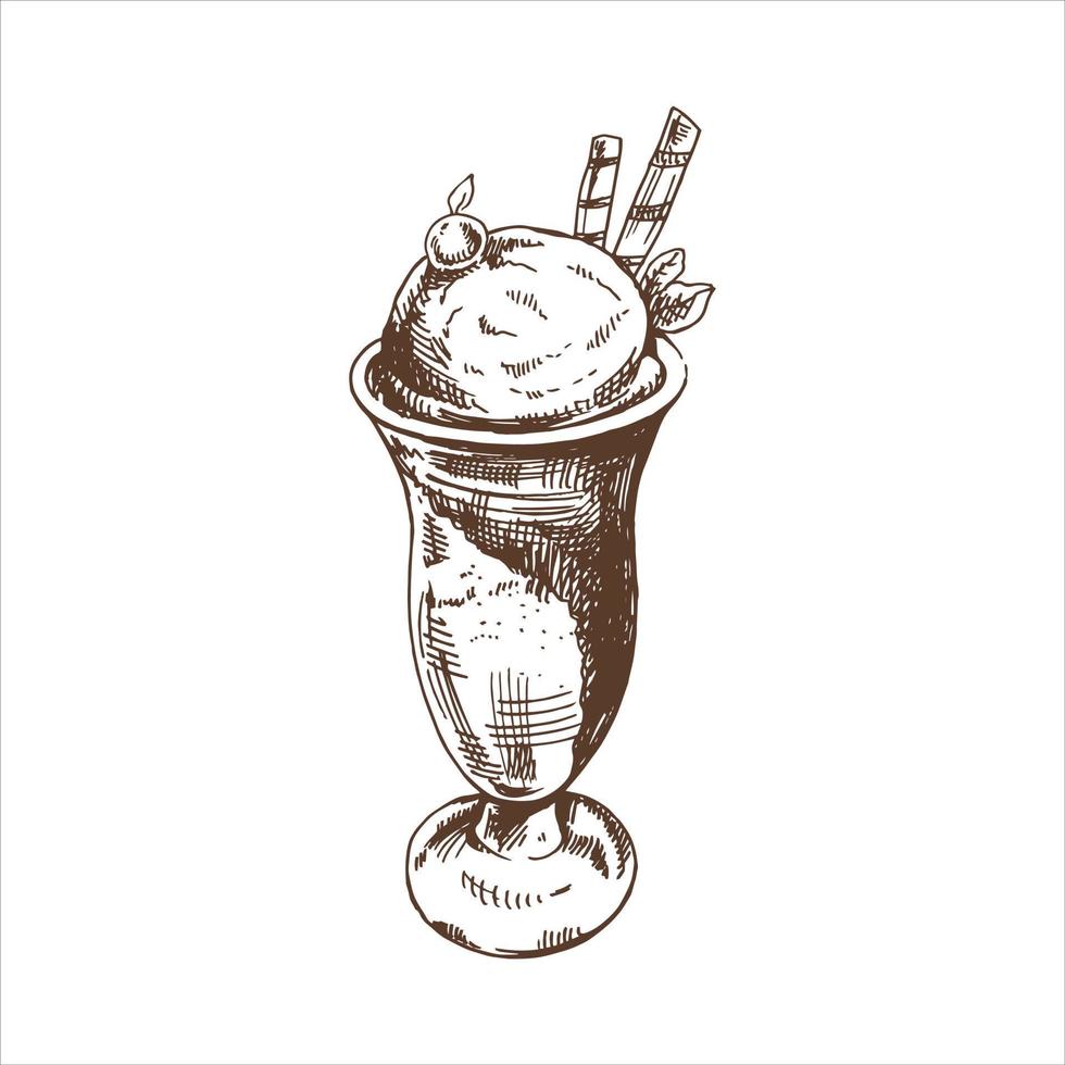 A hand-drawn sketch of  ice cream balls in a cup. Vintage illustration. Element for the design of labels, packaging and postcards. vector