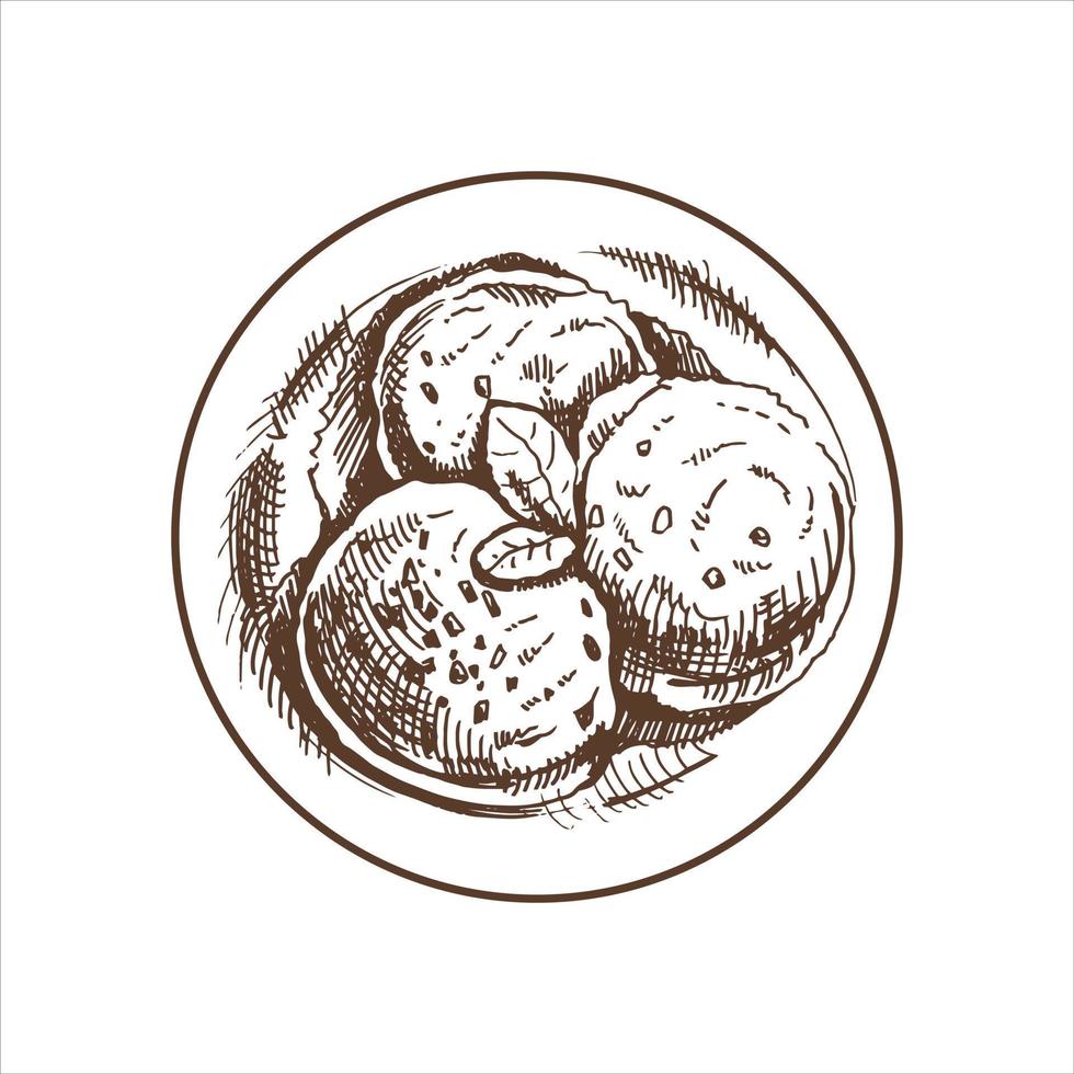 A hand-drawn sketch of an ice cream balls  in a plate. Top view. Vintage illustration. Element for the design of labels, packaging and postcards. vector