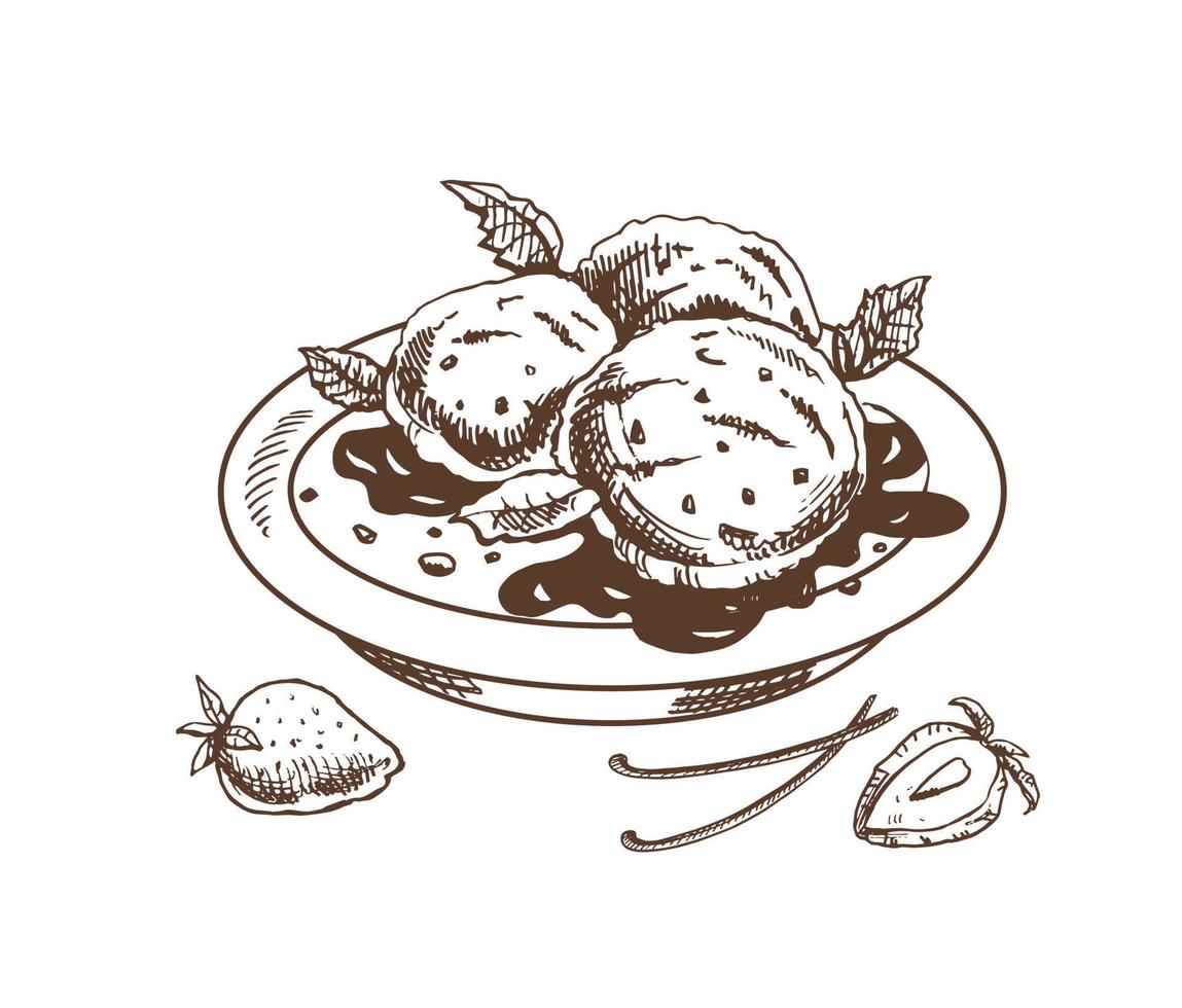 A hand-drawn sketch of an ice cream balls  in a plate with chocolate sauce, vanilla pods, strawberries. Vintage illustration. Element for the design of labels, packaging and postcards. vector