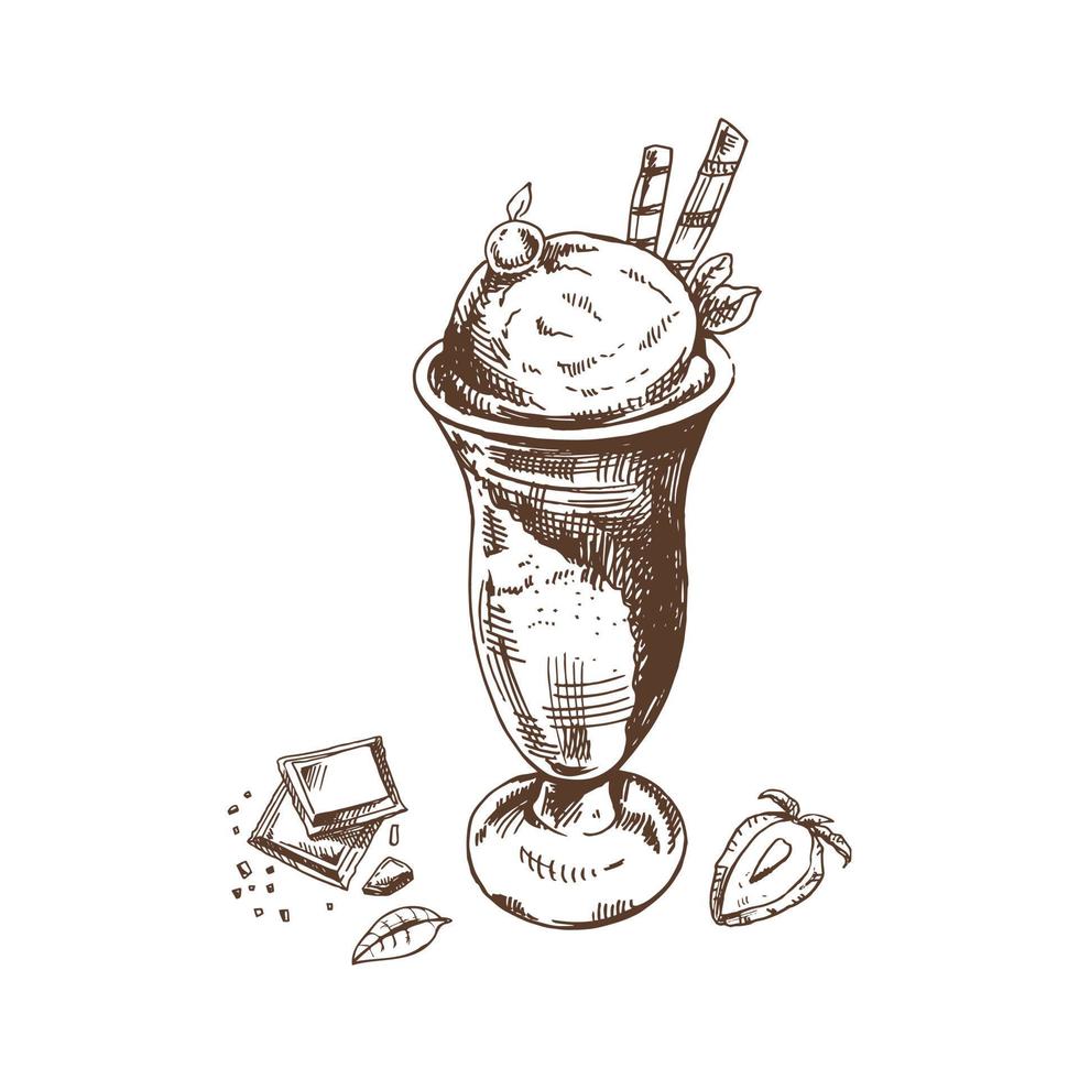 un dibujado a mano bosquejo de hielo crema pelotas en un taza, piezas de chocolate, fresa. Clásico ilustración. elemento para el diseño de etiquetas, embalaje y postales vector
