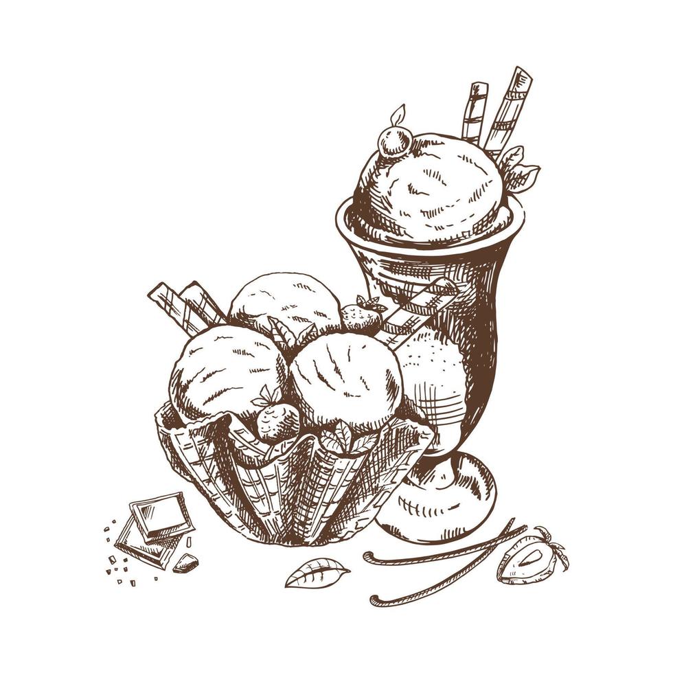 A hand-drawn sketch of  ice cream balls in a waffle basket and ice cream in a cup.Vintage illustration. Element for the design of labels, packaging and postcards. vector