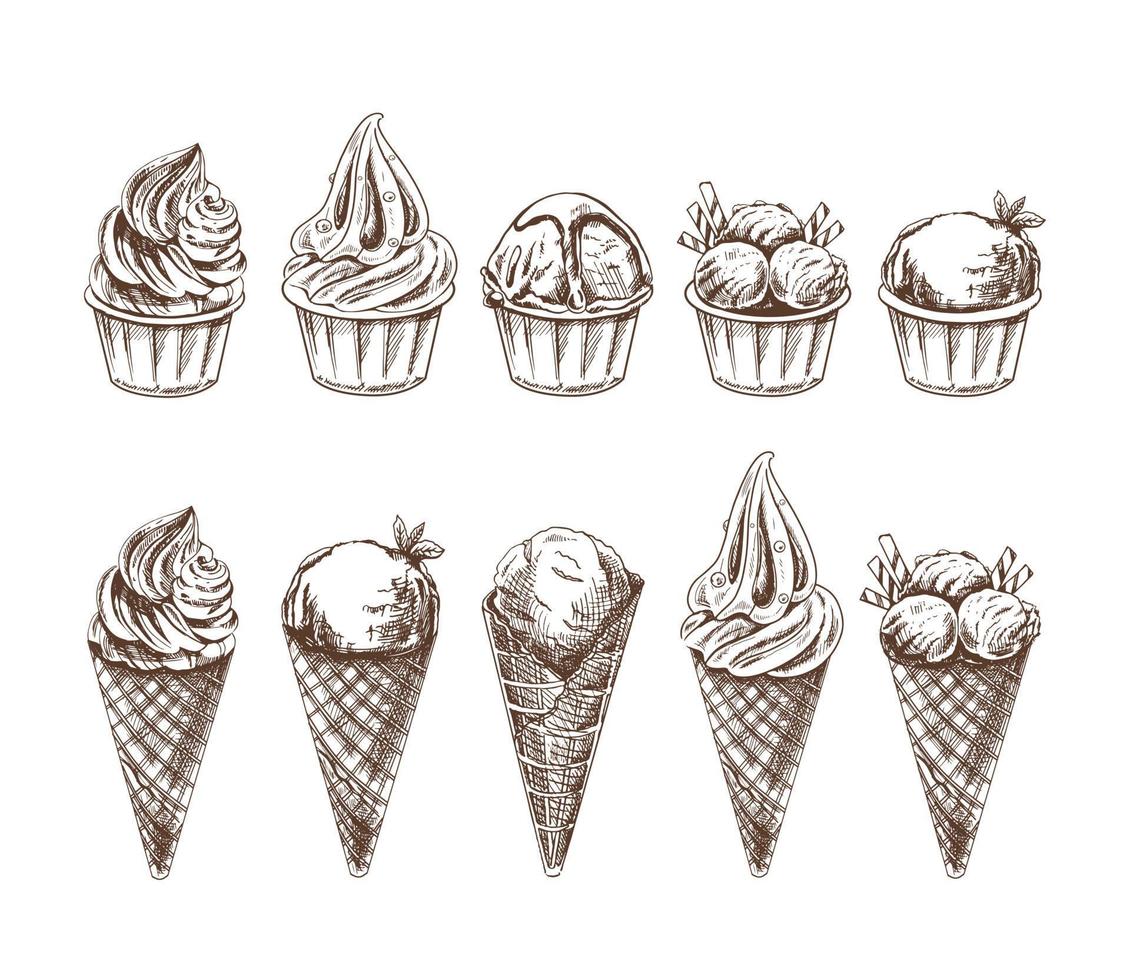 A hand-drawn sketch of a waffle cones and ice cream balls, frozen yoghurt or cupcakes in cups. Vintage illustration. Set. Element for the design of labels, packaging and postcards. vector