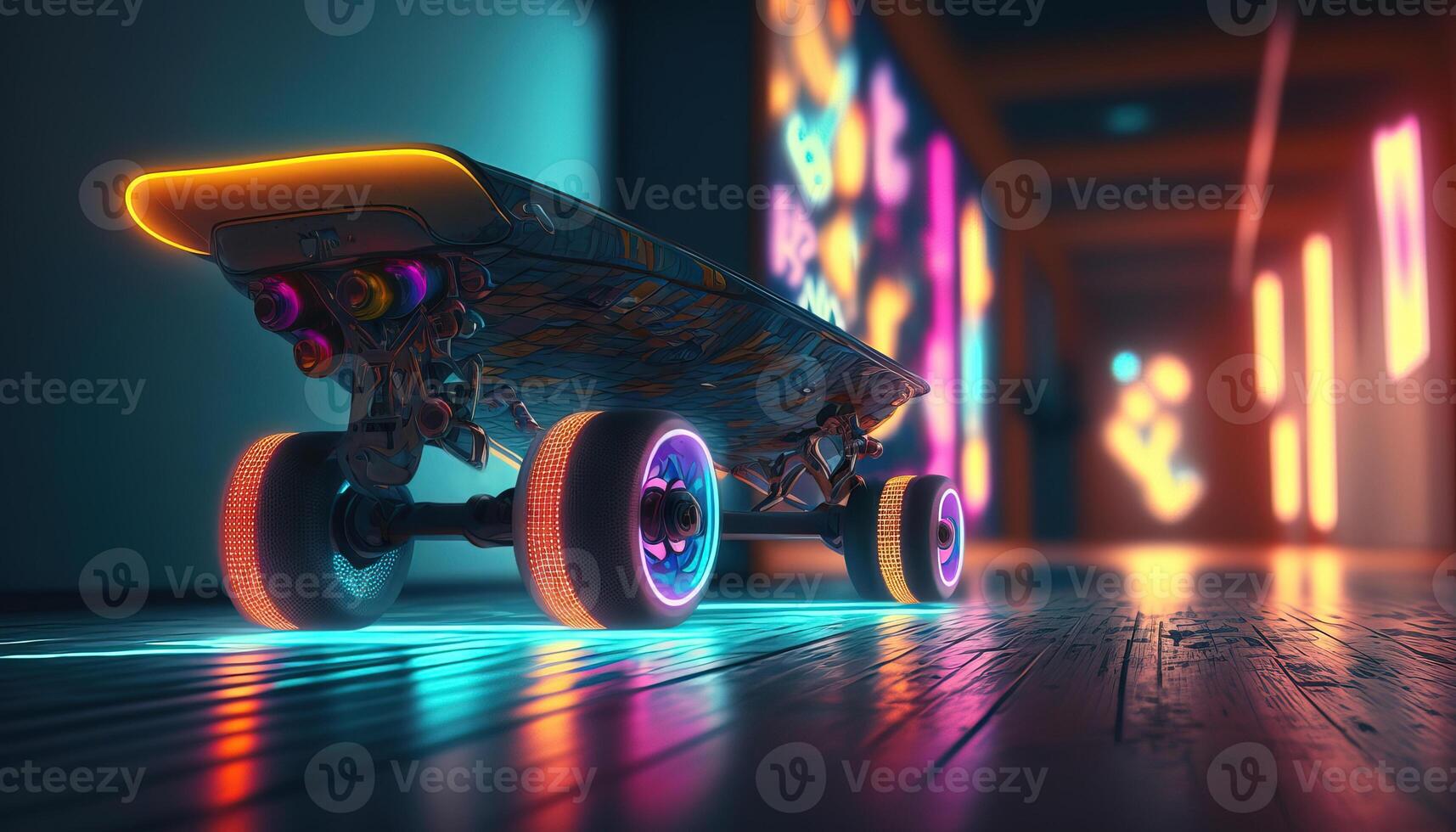 , skate board in cyberpunk style, disco nostalgic 80s, 90s. Neon night lights vibrant colors, photorealistic horizontal illustration of the futuristic city. Sport activity concept. photo