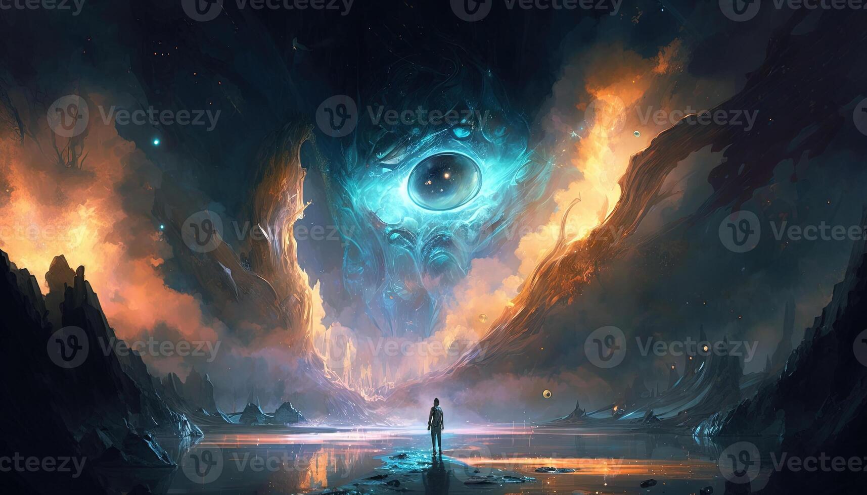 , Glowing huge Space Nebula eye, creature emerging from a vast liquid wet swamp illustration, banner template, cosmic horizontal background. Universe, galaxy concept. photo