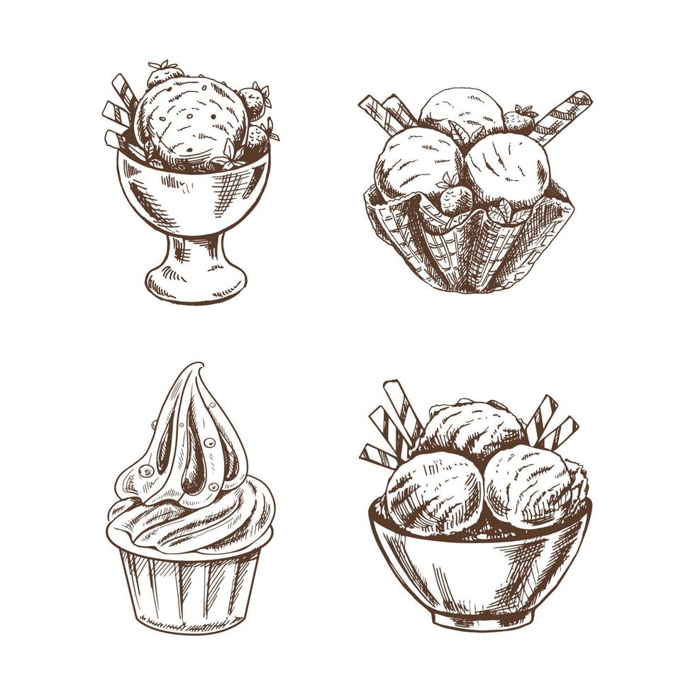 A hand drawn sketch of  ice cream or frozen yoghurt in cups. Vintage illustration. Set. vector