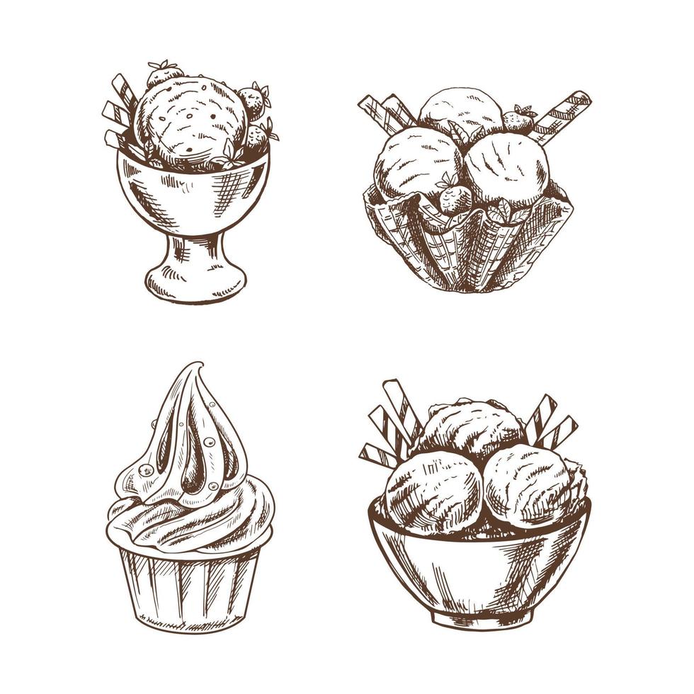 A hand drawn sketch of  ice cream or frozen yoghurt in cups. Vintage illustration. Set. vector