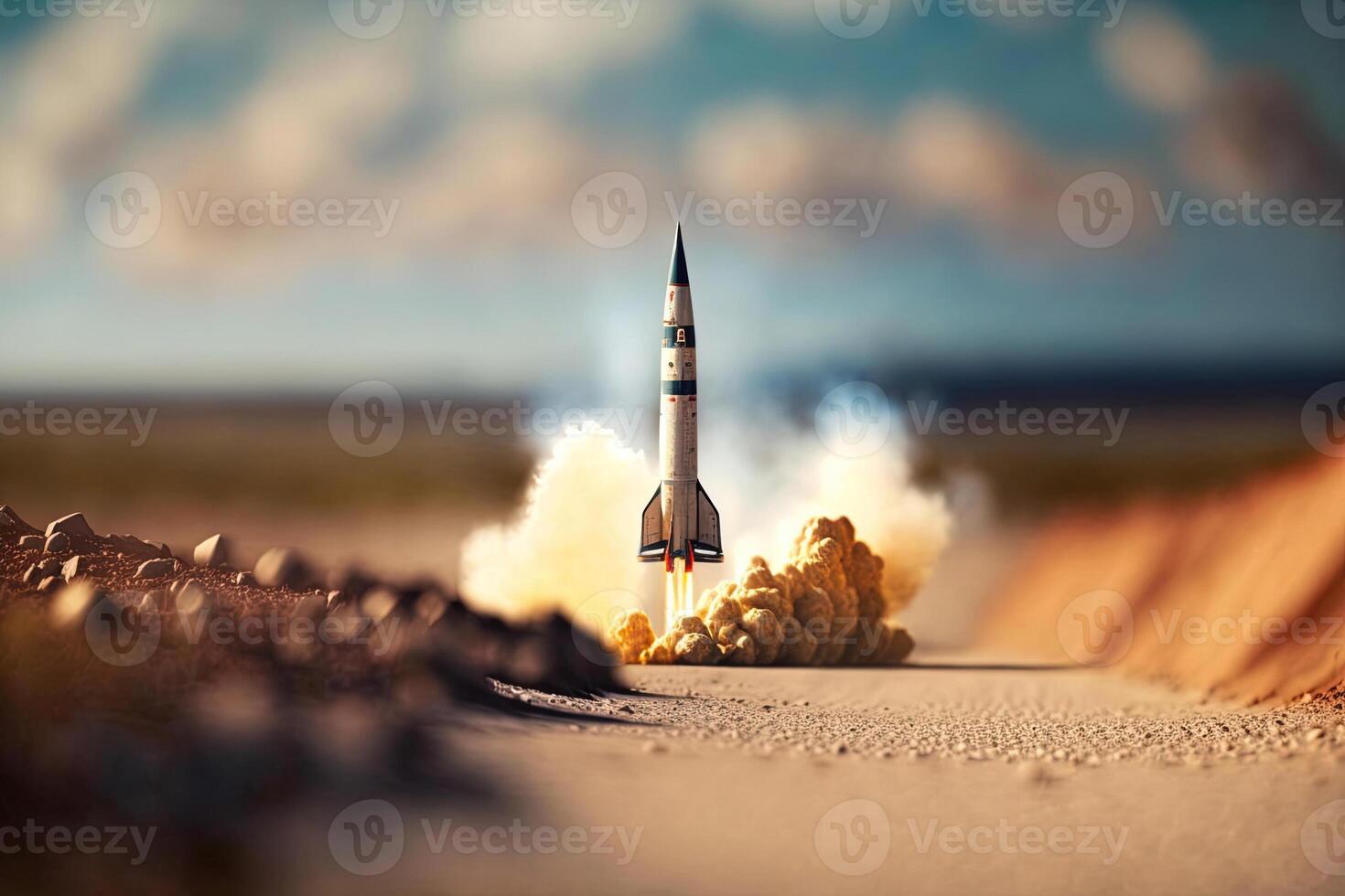 , Rocket launch from the ground, mountains. Illustration concept of business product on a market, startup, photorealistic tilt shift horizontal banner. photo