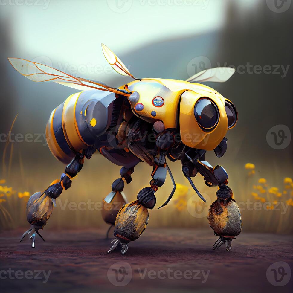 , Robot cyborg bee, concept blockchain and technology networks, yellow mechanical insect. Steampunk cyberpunk style, artificial intelligence photo