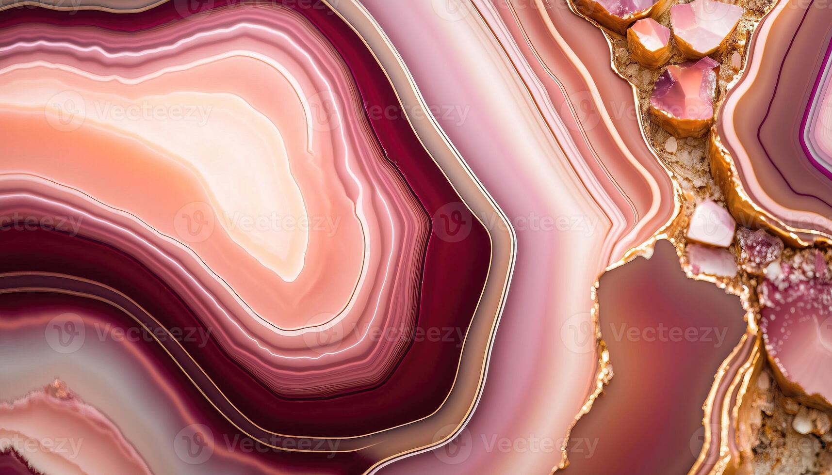, natural volcanic agate stones close-up pink magenta and golden texture. Wallpaper background, quartz marble, decorative rock pattern photo