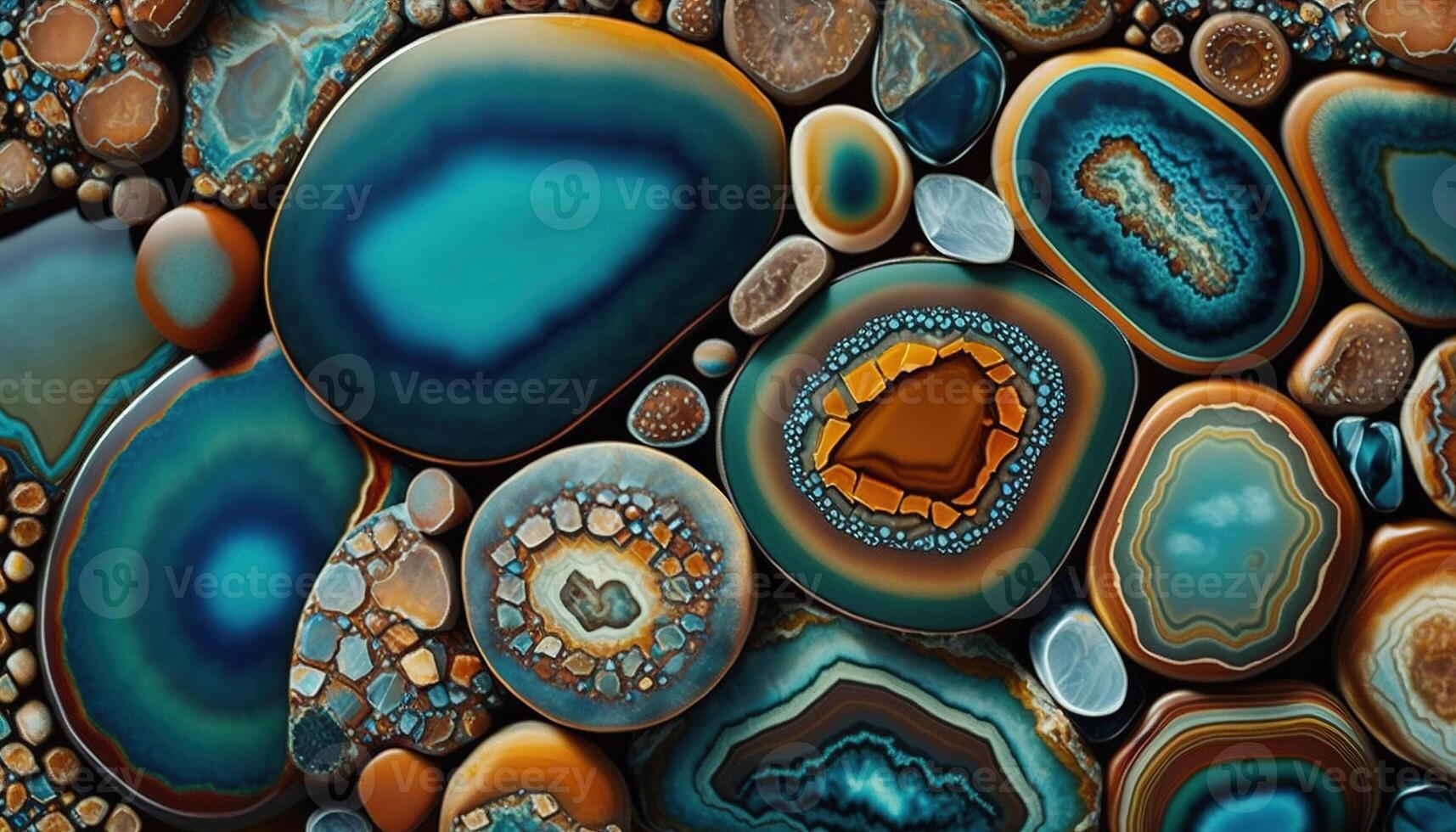 , natural volcanic agate stones close-up turquoise, brown and orange texture. Wallpaper background, quartz marble, decorative rock pattern photo