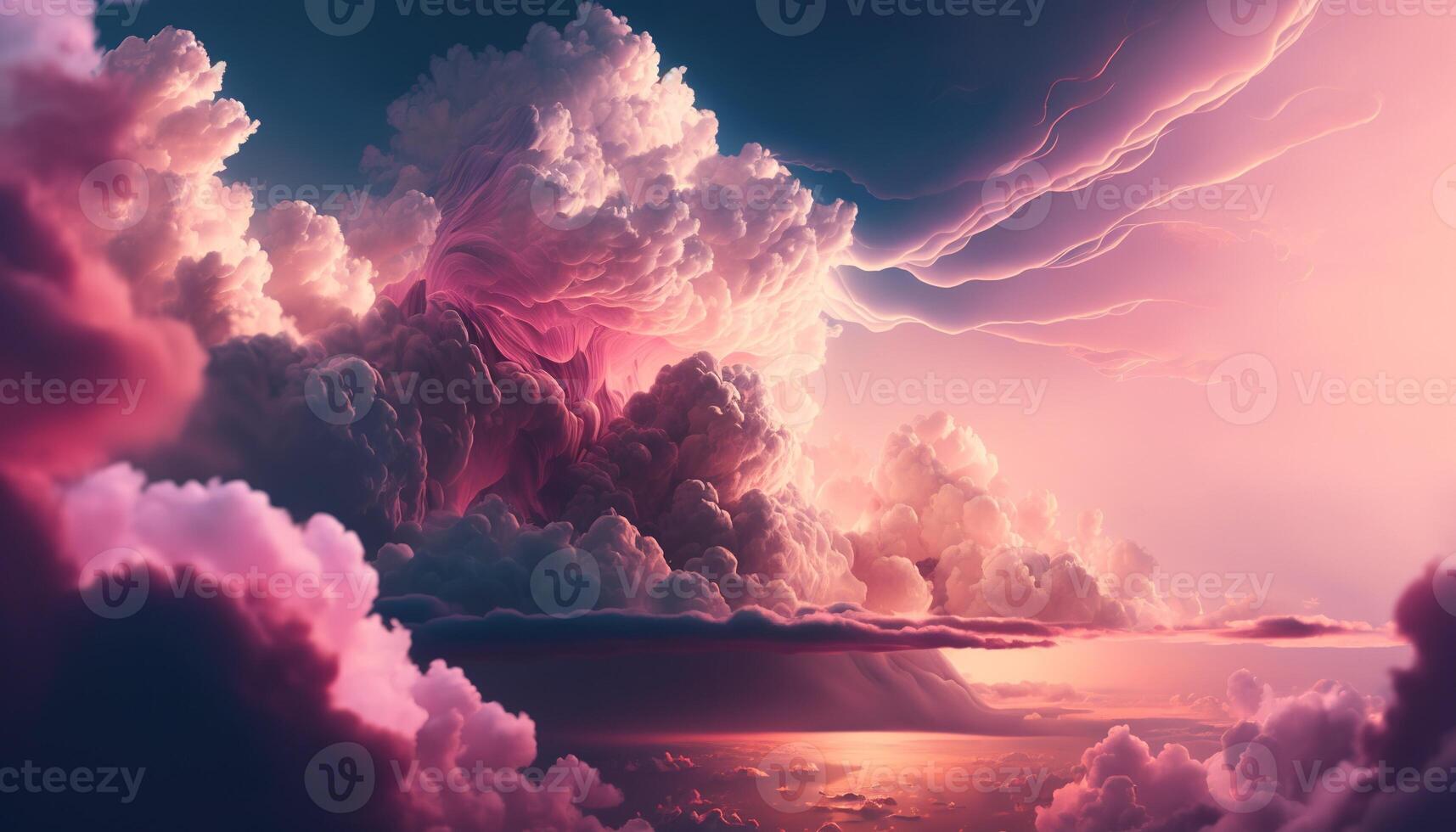 , Pink magenta fantastic clouds, sky and landscape. Gentle colors and with bright lights photo