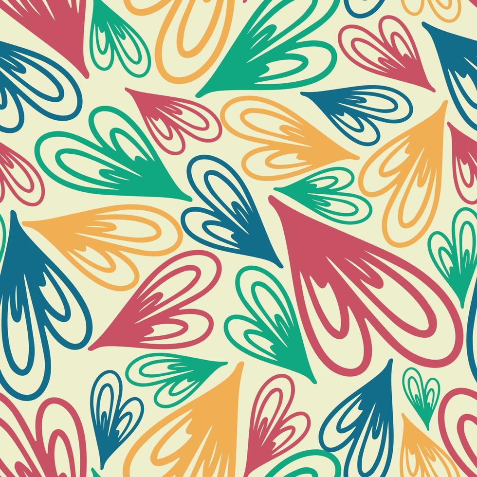 Multi-colored heart shapes from quilling lines. Vector seamless cartoon pattern.