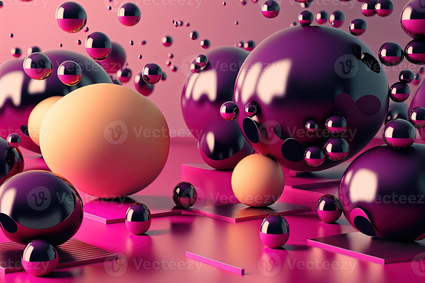 , geometric figures, cube, floating spheres and balls in magenta color. Glossy pink fluid banner, 3D scene effect, modern macro photorealistic abstract background illustration. photo