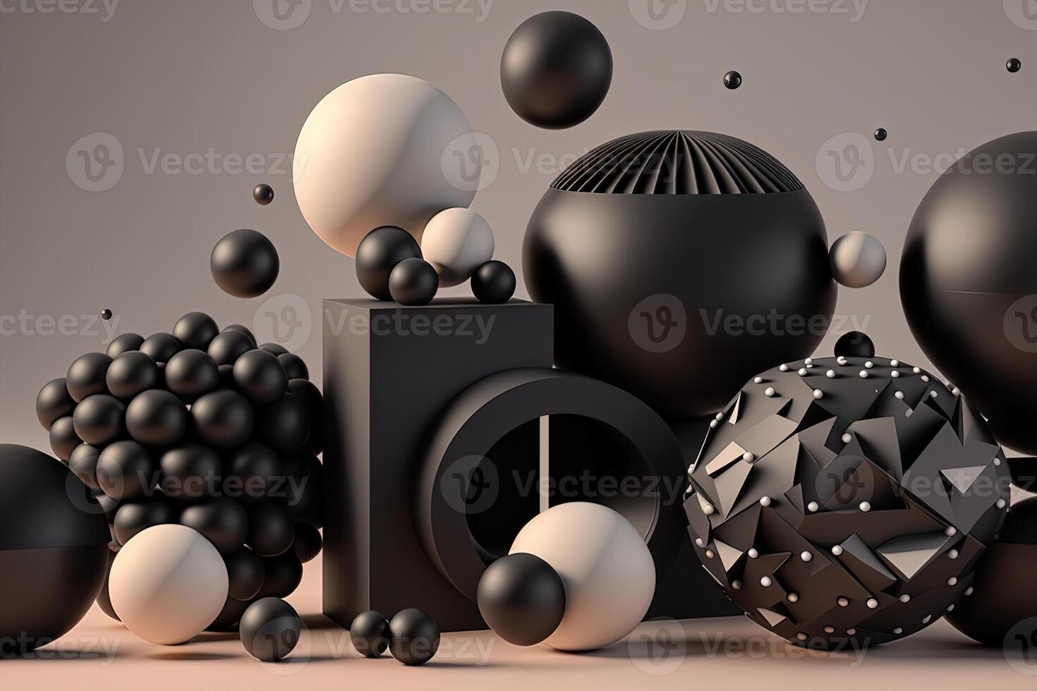 , geometric figures, cube, floating spheres and balls in black and white color. Glossy pink fluid banner, 3D scene effect, modern macro photorealistic abstract background illustration. photo