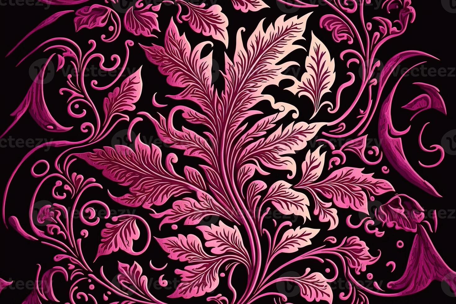 , Floral pattern in magenta color. William Morris inspired natural plants pink background, vintage illustration. Flowers and foliage ornament. photo