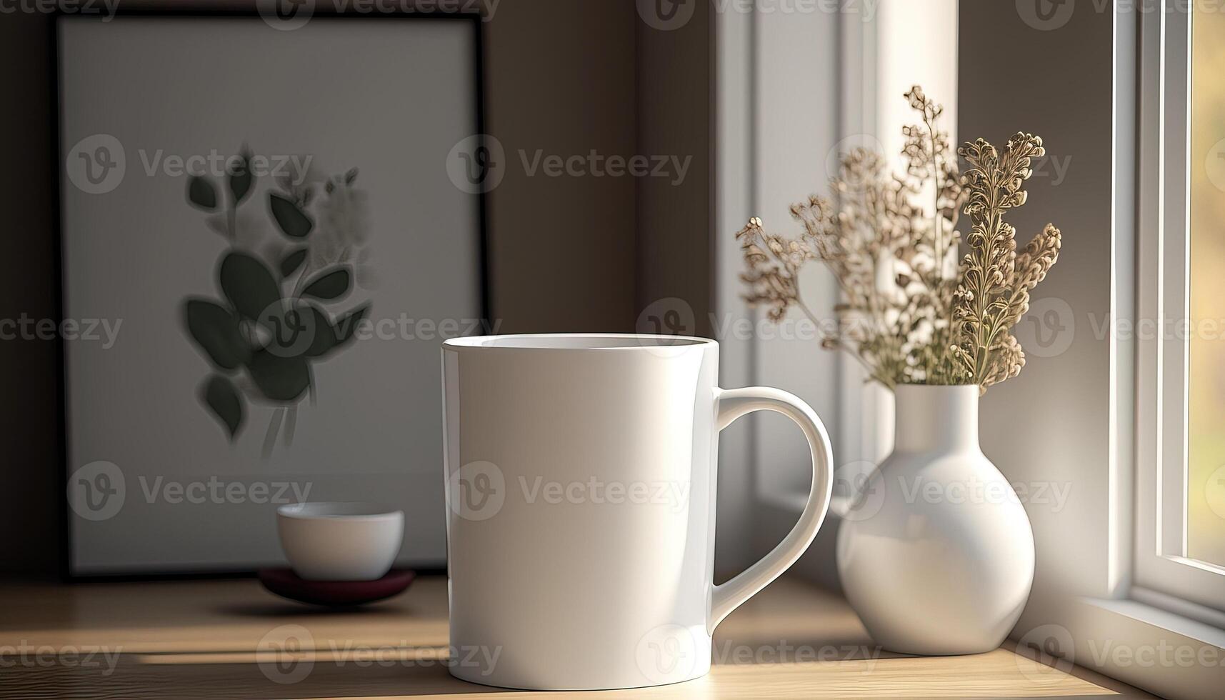, Realistic white ceramic cup set-up in at home interior, mug mock up blank. Photorealistic illustration photo