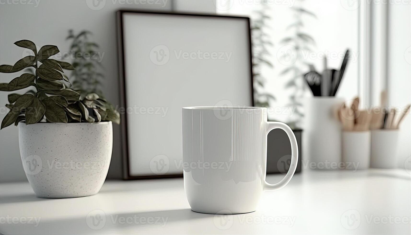 , Realistic white ceramic cup set-up in at home interior, mug mock up blank. Photorealistic illustration photo