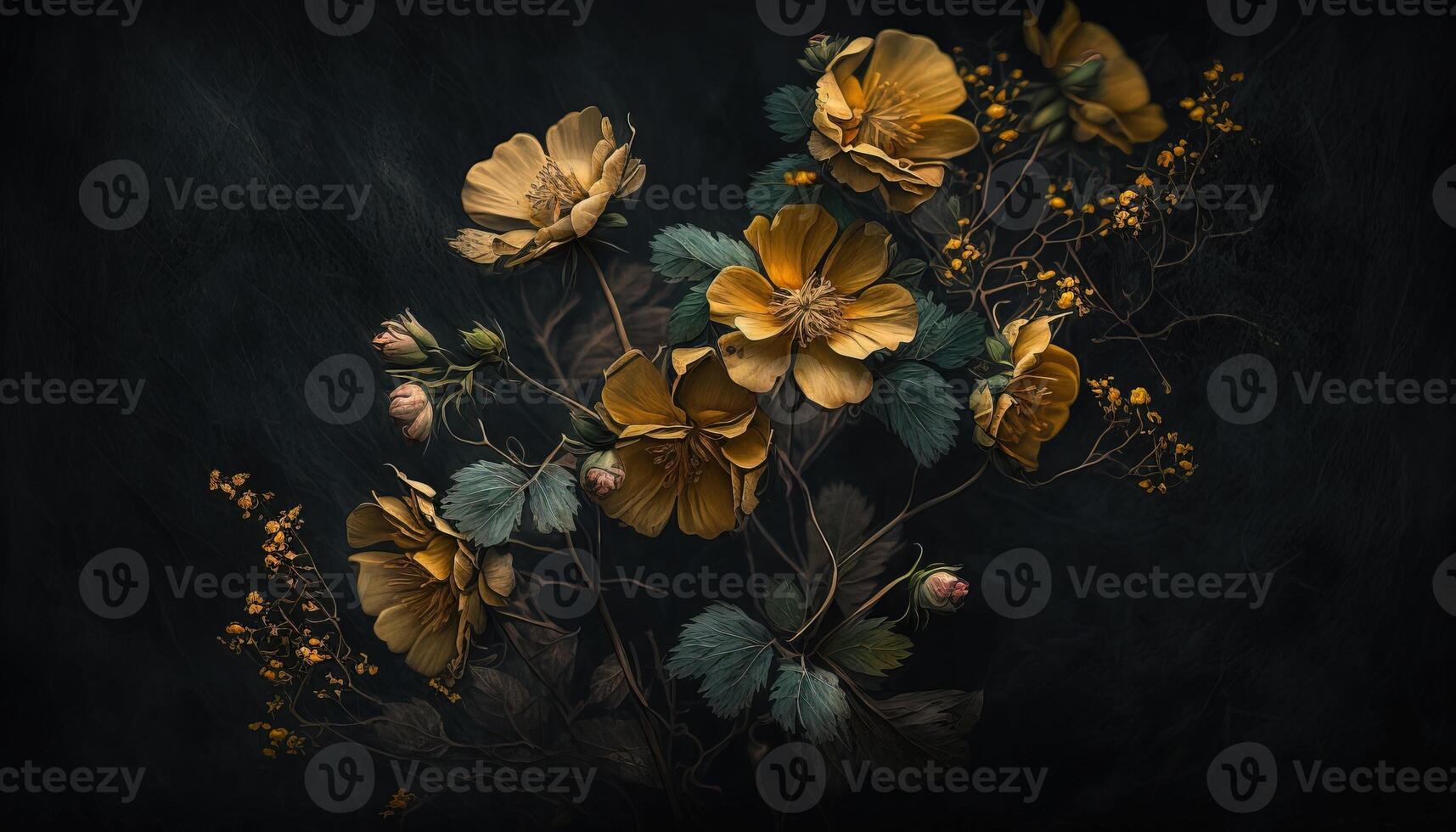 , Close up of blooming flowerbeds of amazing yellow flowers on dark moody floral textured background. Photorealistic effect. photo